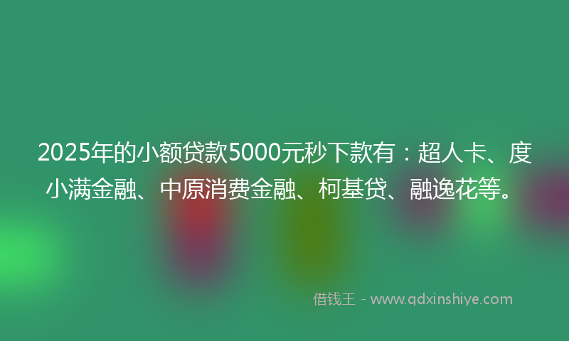 2025年的小额贷款5000元秒下款有：超人卡、度小满金融、中原消费金融、柯基贷、融逸花等。