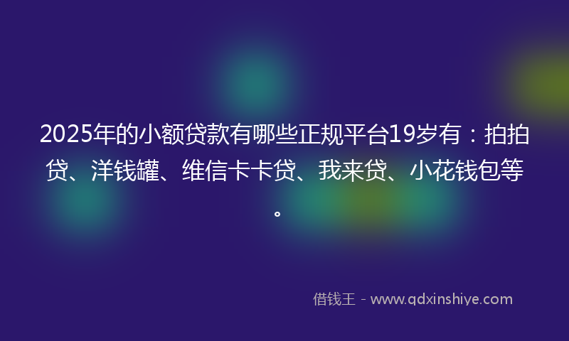 2025年的小额贷款有哪些正规平台19岁有：拍拍贷、洋钱罐、维信卡卡贷、我来贷、小花钱包等。