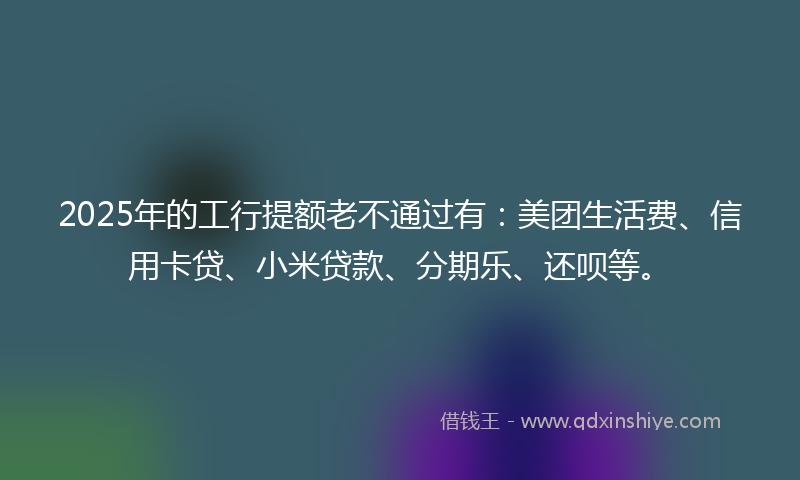 2025年的工行提额老不通过有：美团生活费、信用卡贷、小米贷款、分期乐、还呗等。