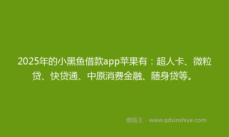 2025年的小黑鱼借款app苹果有：超人卡、微粒贷、快贷通、中原消费金融、随身贷等。