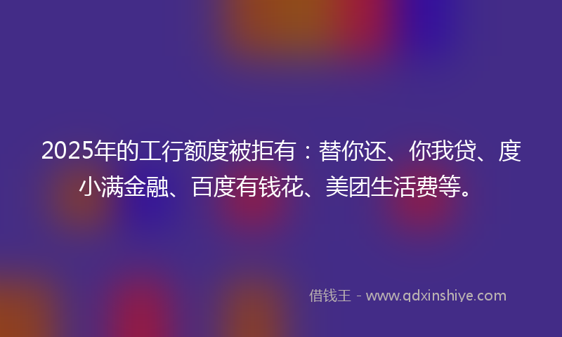 2025年的工行额度被拒有：替你还、你我贷、度小满金融、百度有钱花、美团生活费等。