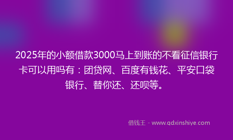 2025年的小额借款3000马上到账的不看征信银行卡可以用吗有：团贷网、百度有钱花、平安口袋银行、替你还、还呗等。