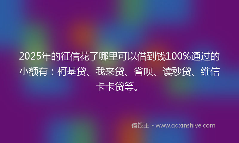 2025年的征信花了哪里可以借到钱100%通过的小额有：柯基贷、我来贷、省呗、读秒贷、维信卡卡贷等。