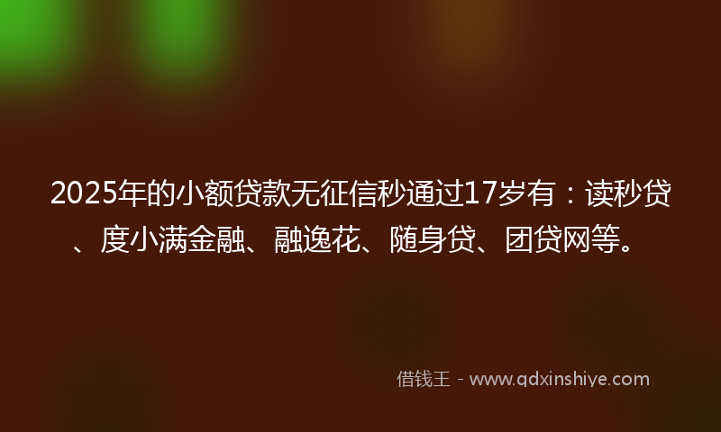 2025年的小额贷款无征信秒通过17岁有：读秒贷、度小满金融、融逸花、随身贷、团贷网等。