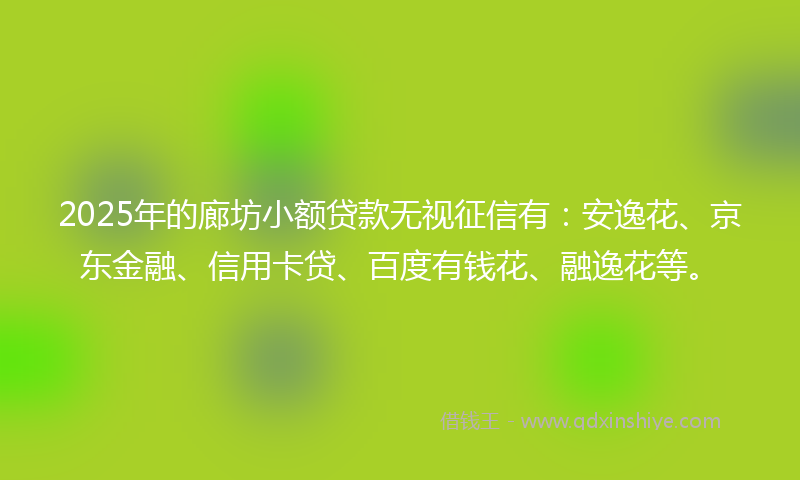 2025年的廊坊小额贷款无视征信有：安逸花、京东金融、信用卡贷、百度有钱花、融逸花等。