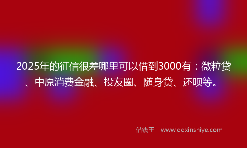 2025年的征信很差哪里可以借到3000有：微粒贷、中原消费金融、投友圈、随身贷、还呗等。