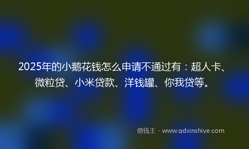 2025年的小鹅花钱怎么申请不通过有：超人卡、微粒贷、小米贷款、洋钱罐、你我贷等。
