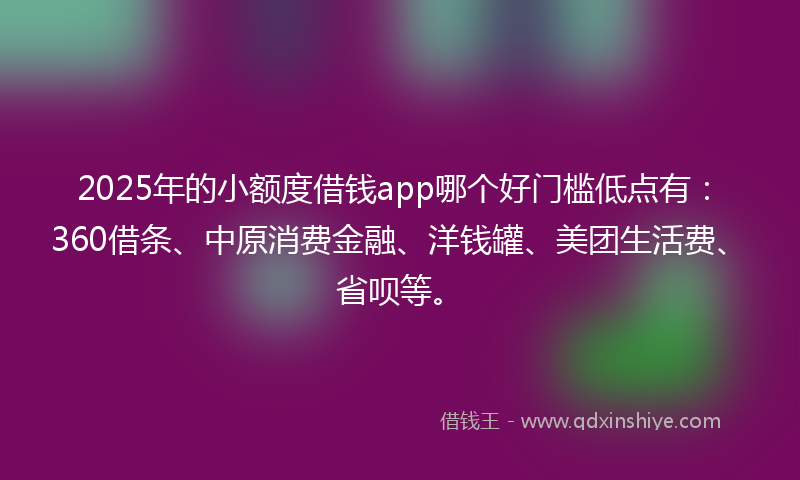 2025年的小额度借钱app哪个好门槛低点有：360借条、中原消费金融、洋钱罐、美团生活费、省呗等。