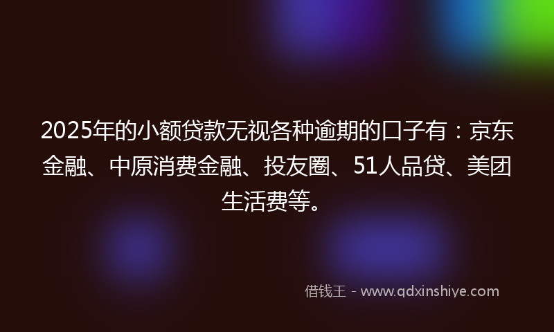 2025年的小额贷款无视各种逾期的口子有：京东金融、中原消费金融、投友圈、51人品贷、美团生活费等。