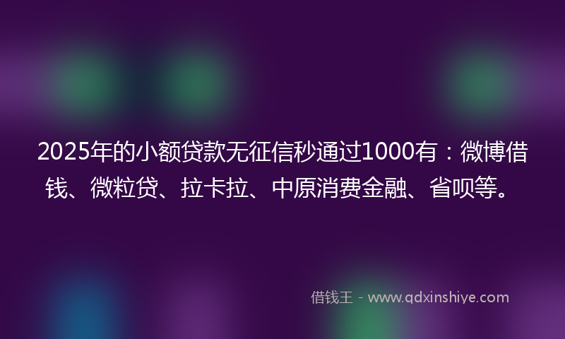 2025年的小额贷款无征信秒通过1000有：微博借钱、微粒贷、拉卡拉、中原消费金融、省呗等。