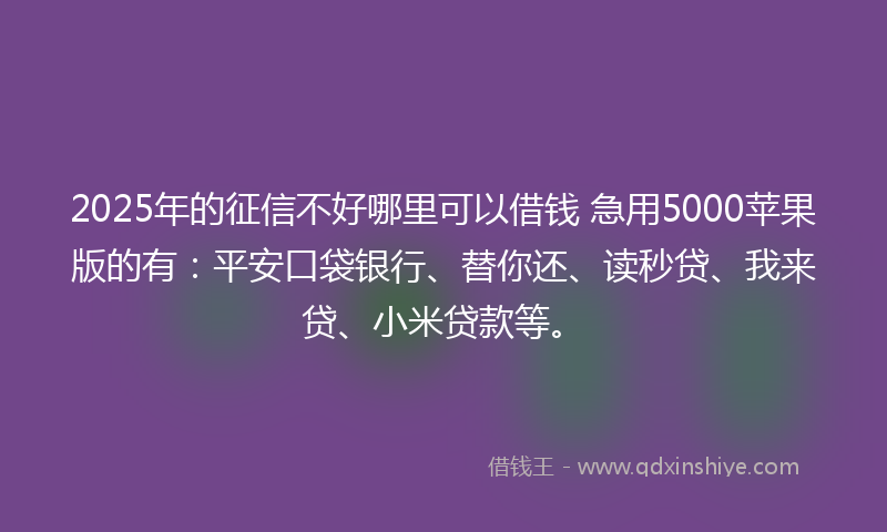 2025年的征信不好哪里可以借钱 急用5000苹果版的有：平安口袋银行、替你还、读秒贷、我来贷、小米贷款等。