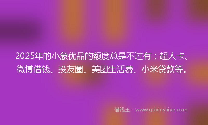 2025年的小象优品的额度总是不过有：超人卡、微博借钱、投友圈、美团生活费、小米贷款等。