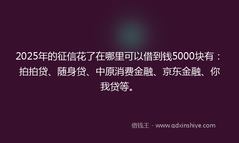 2025年的征信花了在哪里可以借到钱5000块有：拍拍贷、随身贷、中原消费金融、京东金融、你我贷等。
