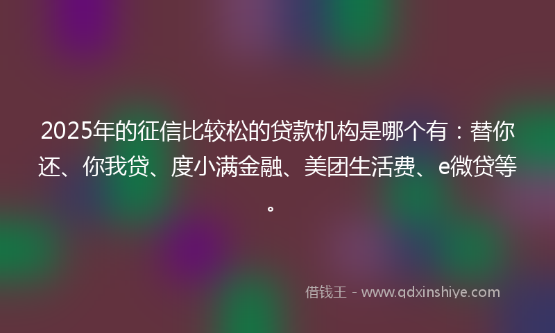 2025年的征信比较松的贷款机构是哪个有：替你还、你我贷、度小满金融、美团生活费、e微贷等。