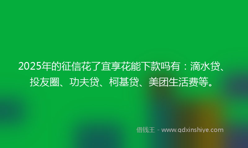 2025年的征信花了宜享花能下款吗有：滴水贷、投友圈、功夫贷、柯基贷、美团生活费等。