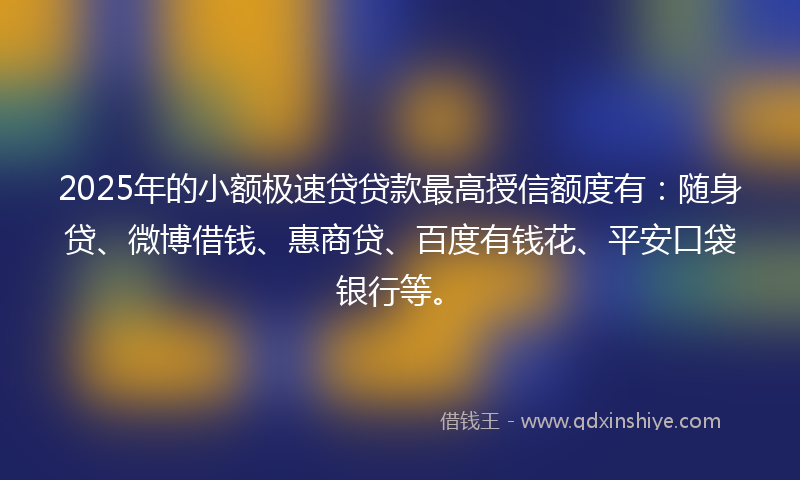 2025年的小额极速贷贷款最高授信额度有：随身贷、微博借钱、惠商贷、百度有钱花、平安口袋银行等。