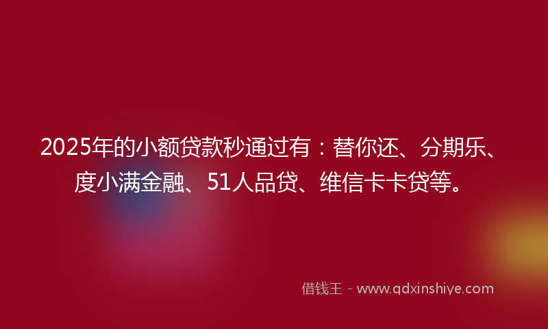 2025年的小额贷款秒通过有：替你还、分期乐、度小满金融、51人品贷、维信卡卡贷等。