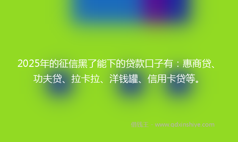 2025年的征信黑了能下的贷款口子有：惠商贷、功夫贷、拉卡拉、洋钱罐、信用卡贷等。
