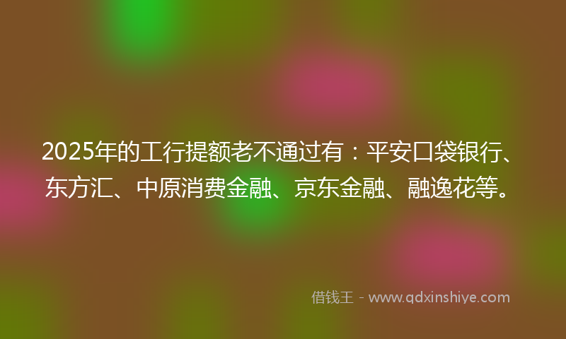 2025年的工行提额老不通过有：平安口袋银行、东方汇、中原消费金融、京东金融、融逸花等。