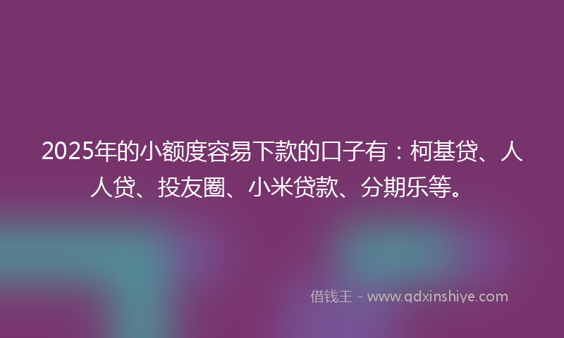2025年的小额度容易下款的口子有：柯基贷、人人贷、投友圈、小米贷款、分期乐等。