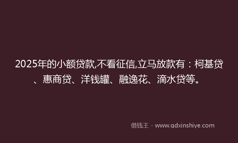 2025年的小额贷款,不看征信,立马放款有：柯基贷、惠商贷、洋钱罐、融逸花、滴水贷等。