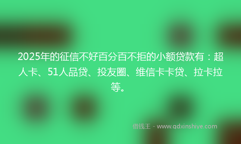 2025年的征信不好百分百不拒的小额贷款有：超人卡、51人品贷、投友圈、维信卡卡贷、拉卡拉等。