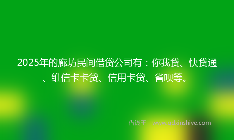 2025年的廊坊民间借贷公司有：你我贷、快贷通、维信卡卡贷、信用卡贷、省呗等。