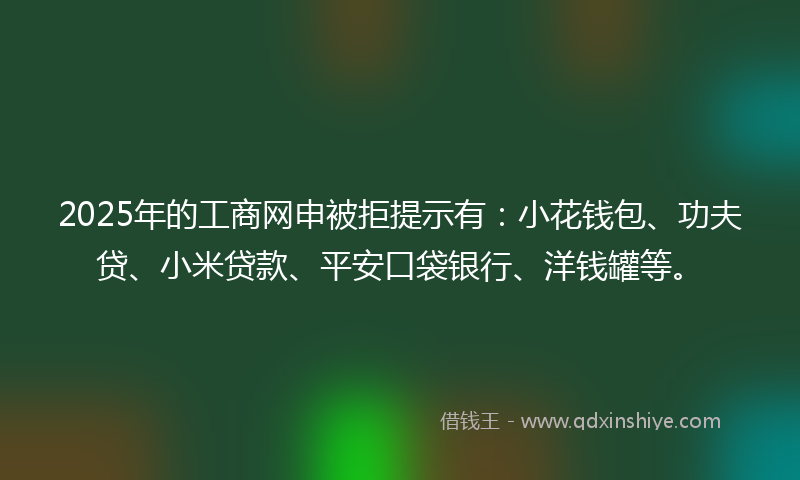 2025年的工商网申被拒提示有：小花钱包、功夫贷、小米贷款、平安口袋银行、洋钱罐等。