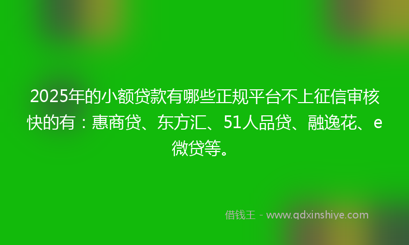 2025年的小额贷款有哪些正规平台不上征信审核快的有：惠商贷、东方汇、51人品贷、融逸花、e微贷等。