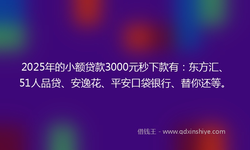 2025年的小额贷款3000元秒下款有：东方汇、51人品贷、安逸花、平安口袋银行、替你还等。