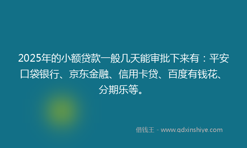 2025年的小额贷款一般几天能审批下来有：平安口袋银行、京东金融、信用卡贷、百度有钱花、分期乐等。