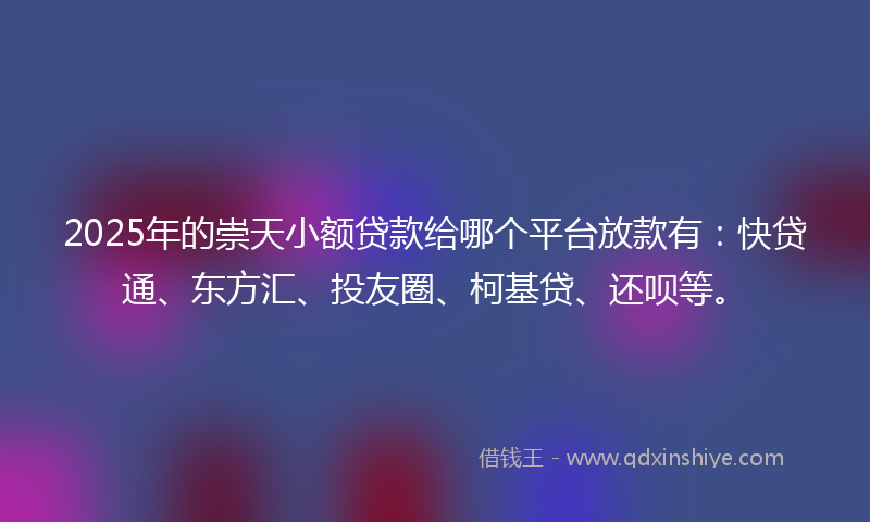 2025年的崇天小额贷款给哪个平台放款有：快贷通、东方汇、投友圈、柯基贷、还呗等。
