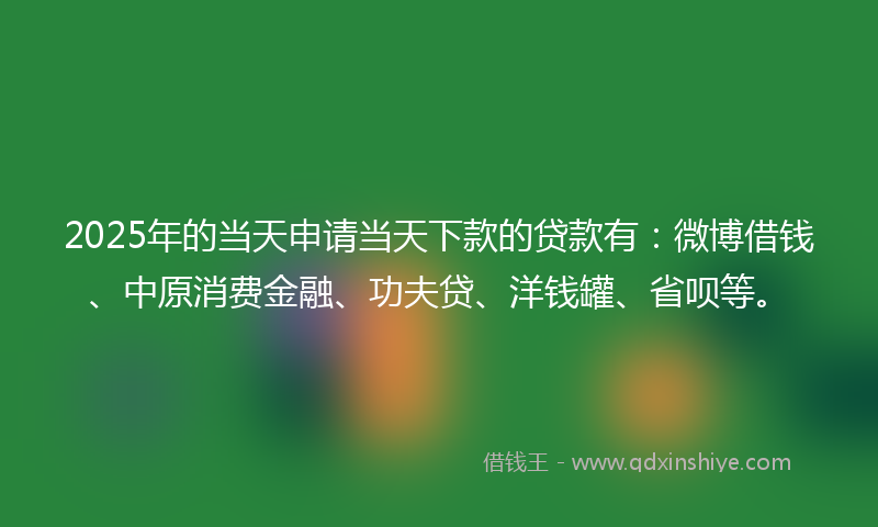 2025年的当天申请当天下款的贷款有：微博借钱、中原消费金融、功夫贷、洋钱罐、省呗等。