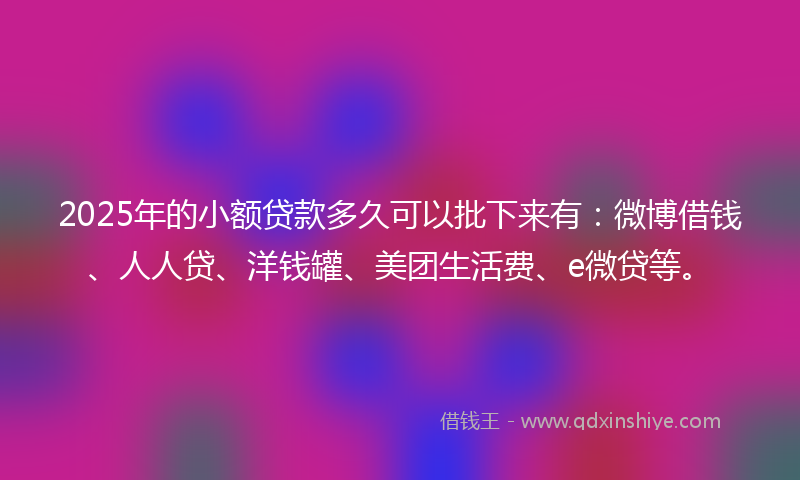 2025年的小额贷款多久可以批下来有：微博借钱、人人贷、洋钱罐、美团生活费、e微贷等。