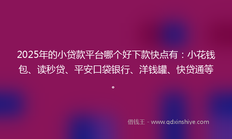 2025年的小贷款平台哪个好下款快点有：小花钱包、读秒贷、平安口袋银行、洋钱罐、快贷通等。
