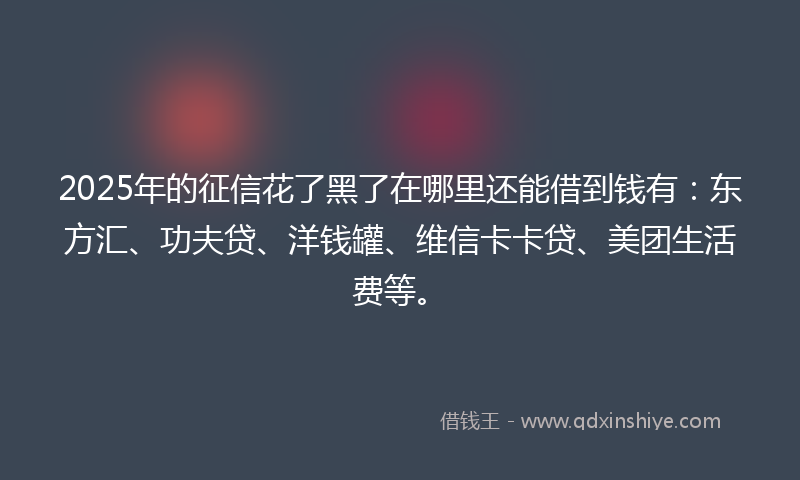 2025年的征信花了黑了在哪里还能借到钱有：东方汇、功夫贷、洋钱罐、维信卡卡贷、美团生活费等。
