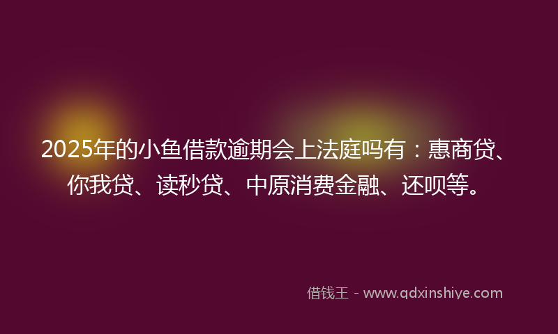 2025年的小鱼借款逾期会上法庭吗有：惠商贷、你我贷、读秒贷、中原消费金融、还呗等。