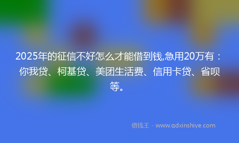 2025年的征信不好怎么才能借到钱,急用20万有：你我贷、柯基贷、美团生活费、信用卡贷、省呗等。