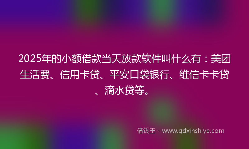 2025年的小额借款当天放款软件叫什么有：美团生活费、信用卡贷、平安口袋银行、维信卡卡贷、滴水贷等。