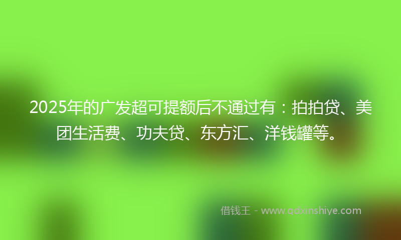 2025年的广发超可提额后不通过有：拍拍贷、美团生活费、功夫贷、东方汇、洋钱罐等。