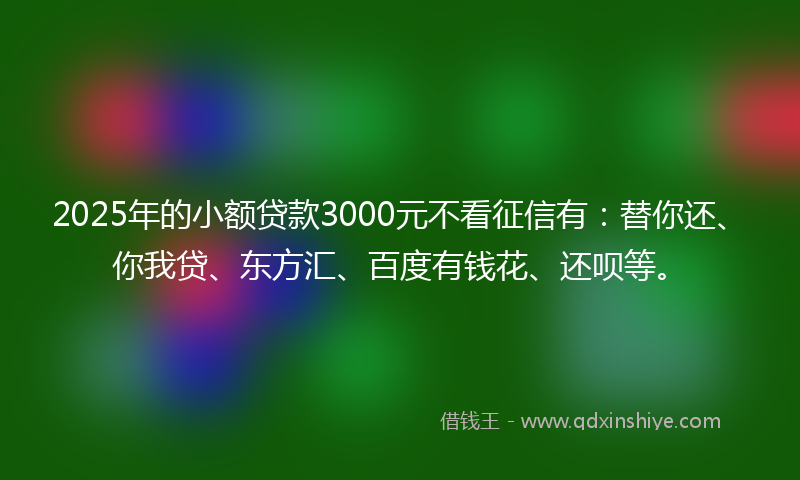 2025年的小额贷款3000元不看征信有：替你还、你我贷、东方汇、百度有钱花、还呗等。