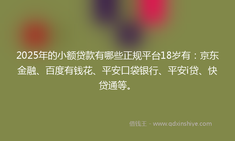 2025年的小额贷款有哪些正规平台18岁有：京东金融、百度有钱花、平安口袋银行、平安i贷、快贷通等。