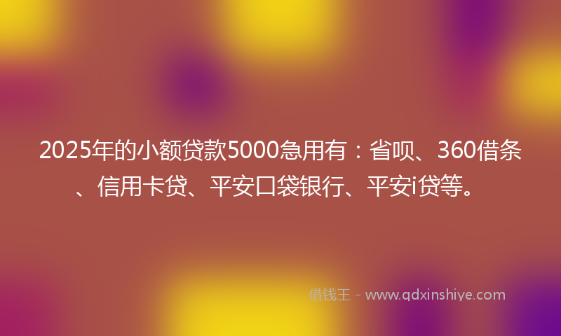 2025年的小额贷款5000急用有：省呗、360借条、信用卡贷、平安口袋银行、平安i贷等。