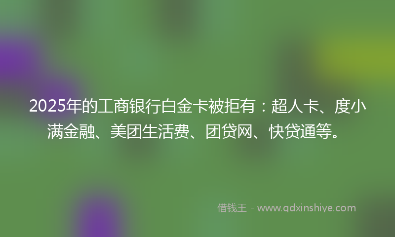 2025年的工商银行白金卡被拒有：超人卡、度小满金融、美团生活费、团贷网、快贷通等。