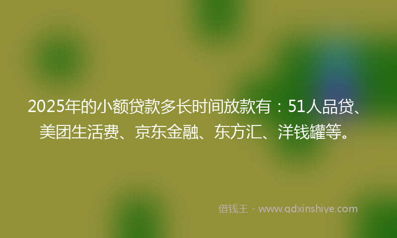 2025年的小额贷款多长时间放款有：51人品贷、美团生活费、京东金融、东方汇、洋钱罐等。