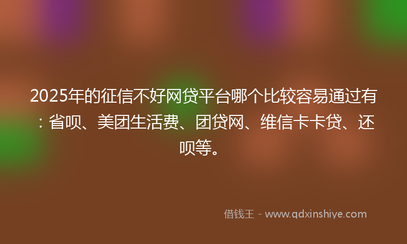 2025年的征信不好网贷平台哪个比较容易通过有：省呗、美团生活费、团贷网、维信卡卡贷、还呗等。