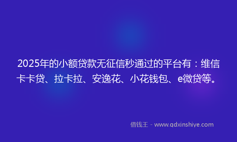 2025年的小额贷款无征信秒通过的平台有：维信卡卡贷、拉卡拉、安逸花、小花钱包、e微贷等。