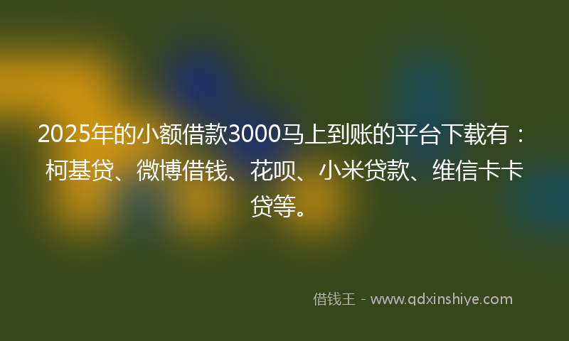 2025年的小额借款3000马上到账的平台下载有：柯基贷、微博借钱、花呗、小米贷款、维信卡卡贷等。