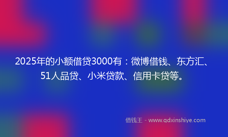 2025年的小额借贷3000有：微博借钱、东方汇、51人品贷、小米贷款、信用卡贷等。