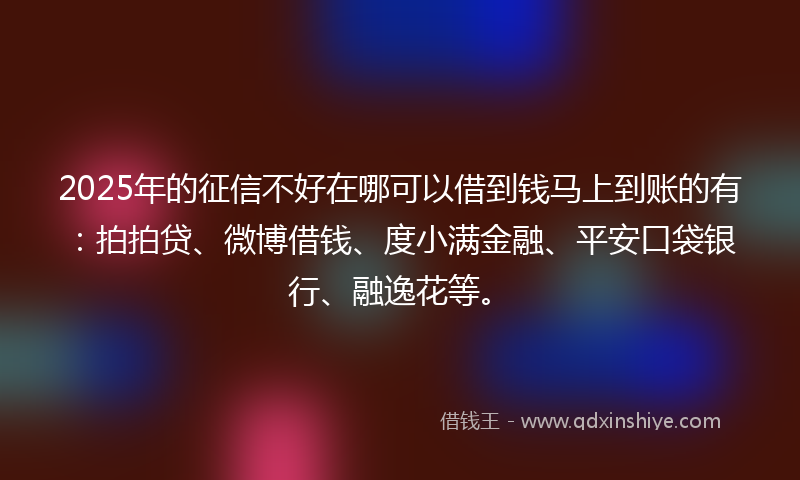 2025年的征信不好在哪可以借到钱马上到账的有：拍拍贷、微博借钱、度小满金融、平安口袋银行、融逸花等。